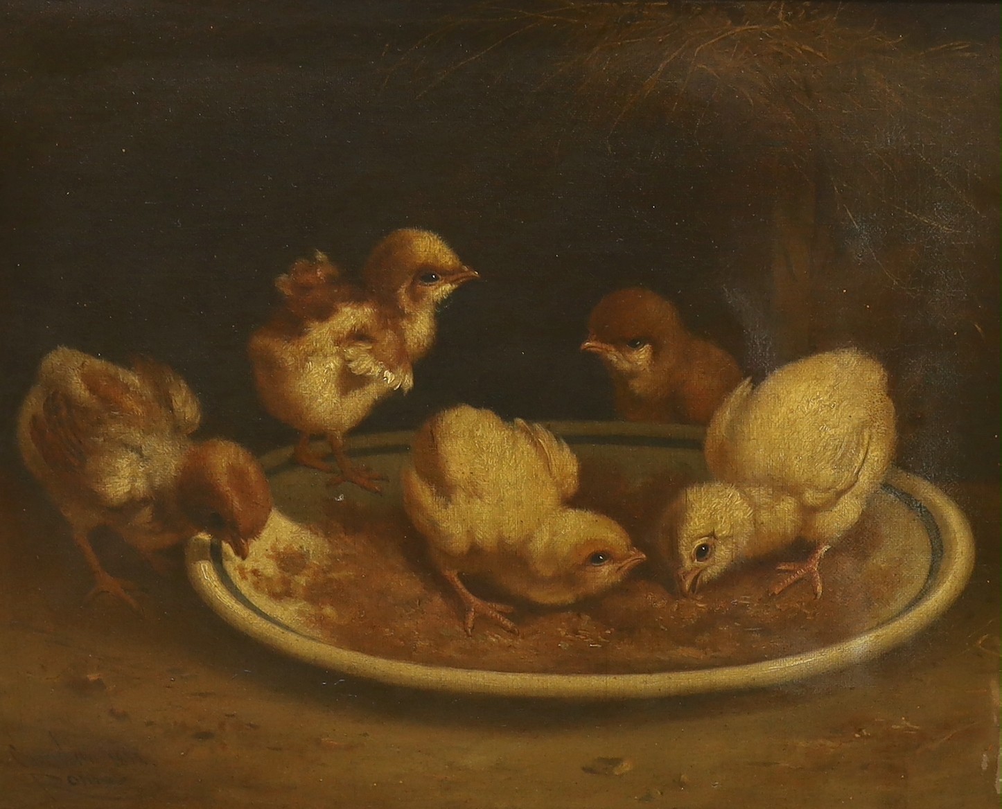 Andrea Cherubini (Italian, 1833-1905), oil on canvas, 'Chicks pecking grain', signed and dated Roma 1872, 31 x 39cm